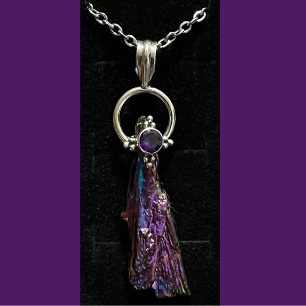 Purple Aura Kyanite Pendant Necklace 925 Silver Setting  Stainless Steel Chain